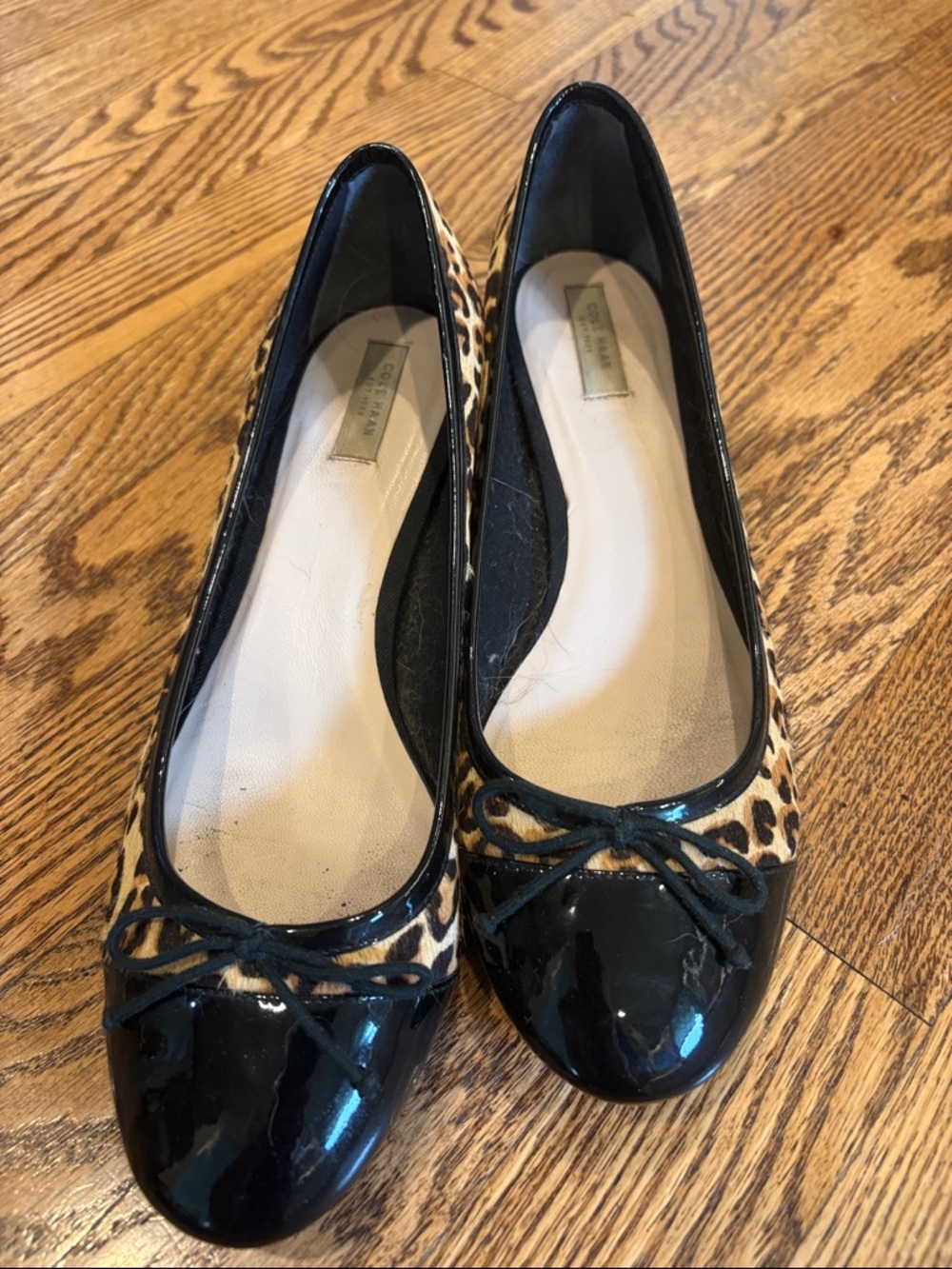 Cole Haan 9 Wide Black Patent Toe Ballet Flats with Leopard-Print Sides